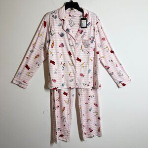 NWT Kate Spade Pajama Set pink and white stipes holiday print Size L